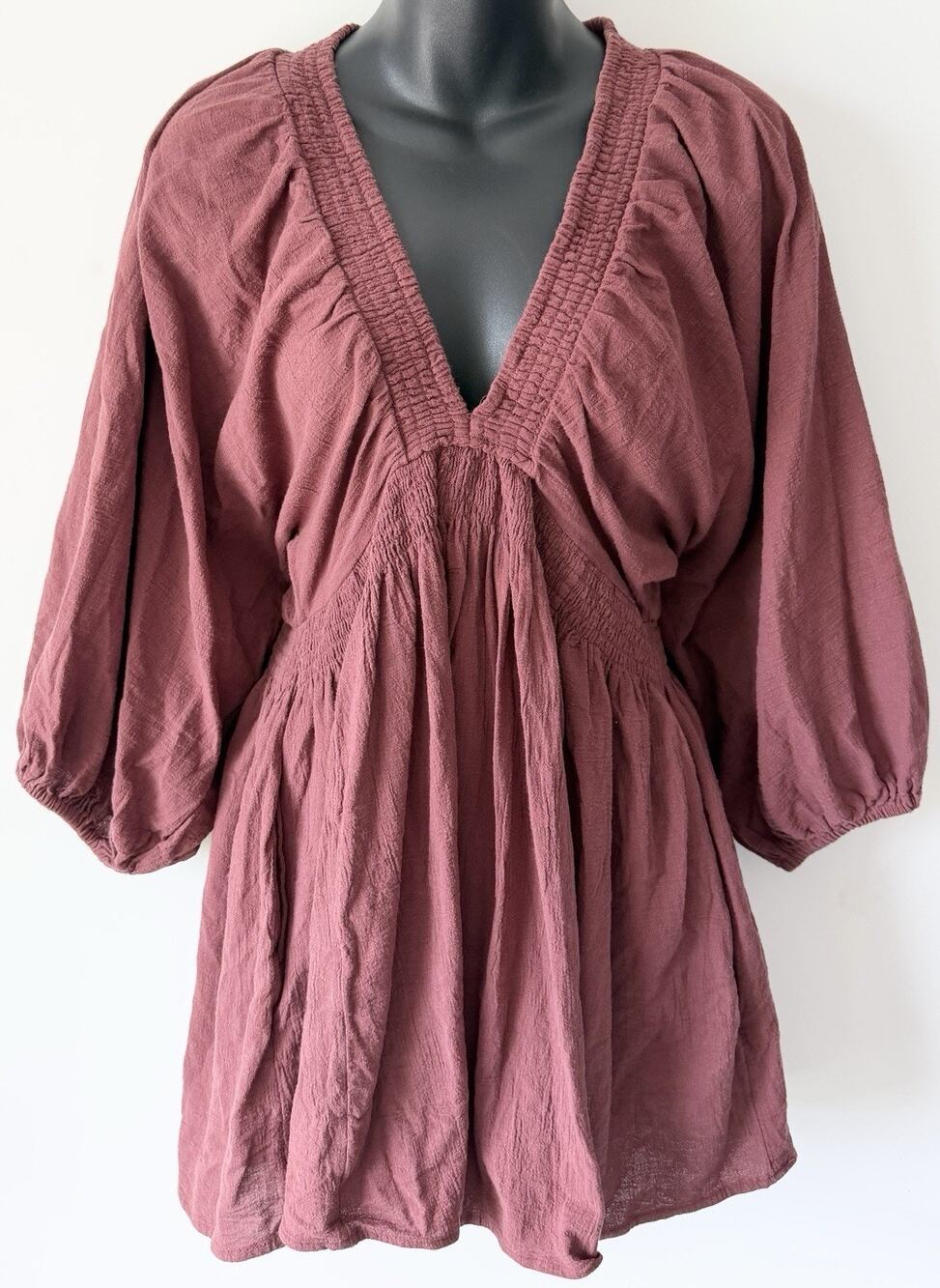 Free People Womens Dress Small Rust Red Balloon Sleeve Pockets Buttons Gauze